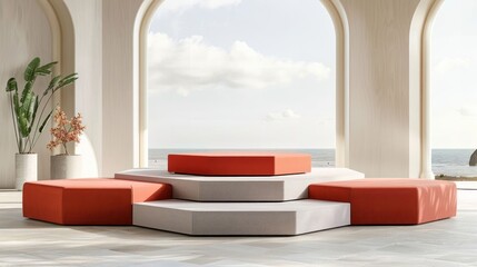 Fototapeta premium A white and red octagon shaped platform with a view of the ocean
