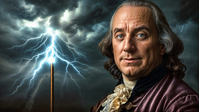 Benjamin Franklin - Portrait of famous inventor, polymath, and Founding Father of the United States. Lightning striking lightning rod highlights his association with electricity and innovation.