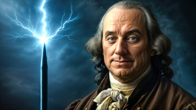 Benjamin Franklin - Portrait of famous inventor, polymath, and Founding Father of the United States. Lightning striking lightning rod highlights his association with electricity and innovation.
