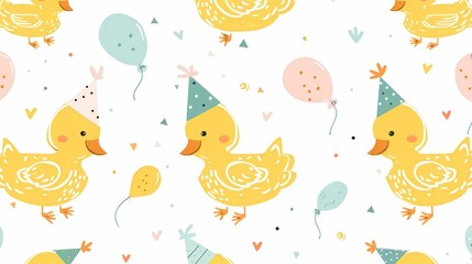 Cute pattern, birthday background with little ducks in hats on a white background in illustration style and simple design.