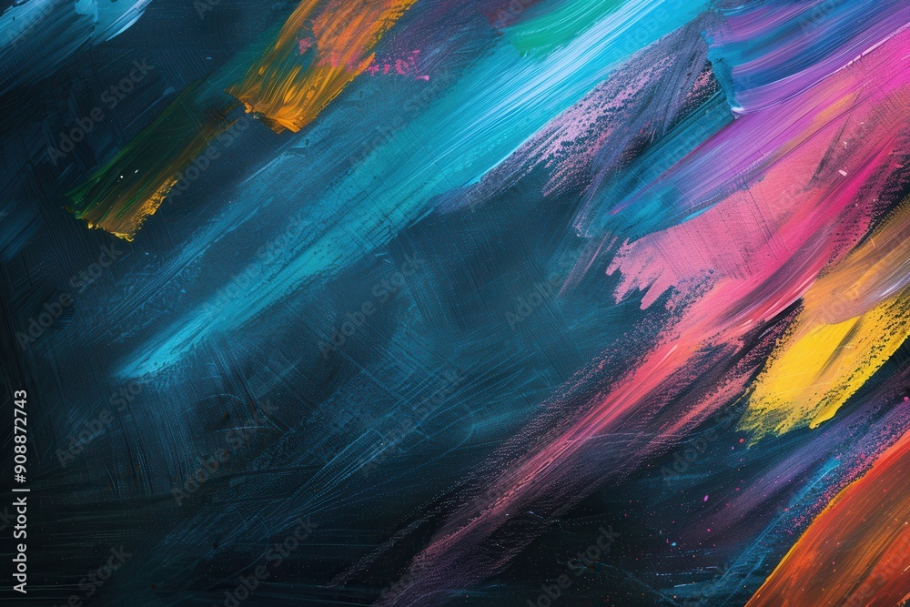 Poster colorful brushstrokes dance across a dark green chalkboard, showcasing a lively expression of creati