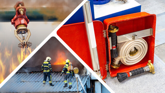 Fire-fighting equipment. Fighting flames. Splinker for extinguishing fires. Two firefighters on roof of burning house. Red box with fire equipment. Fire-fighting technologies. Ensuring fire safety