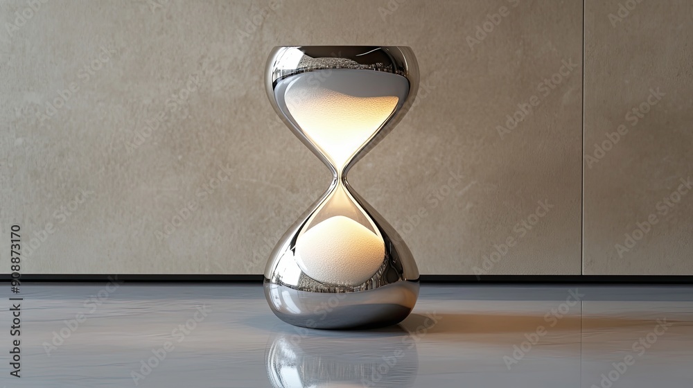 Poster elegant chrome hourglass with fine white sand illuminated in minimalist setting