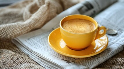 A yellow coffee cup sits on a yellow saucer on top of a newspaper