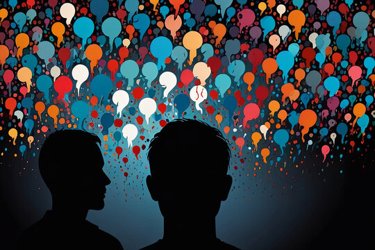 Silhouette vector illustration of mental health: head filled with speech bubbles, exclamation marks, and question marks.