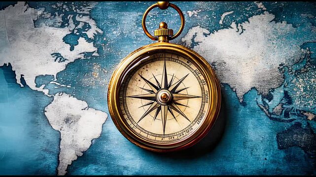Antique brass compass on textured world map with blue tones evoking exploration and adventure in close-up shot