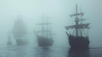 Silhouettes of Sailing Ships in a Foggy Sea