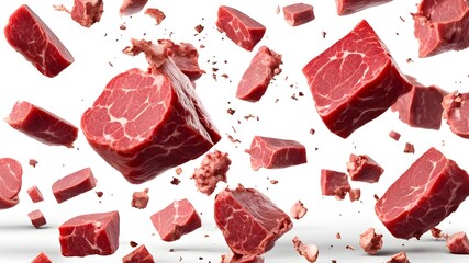 flying cube slice meat on white background  – Generative AI