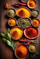 colorful display vibrant spices herbs artistic arrangement showcasing their unique textures rich hues, aroma, flavor, culinary, seasoning, ingredient, fresh