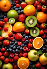 vibrant arrangement fresh seasonal fruits artfully displayed rustic stone surface, colorful, food, healthy, organic, ripe, variety, tropical, berries