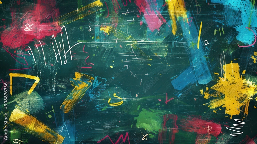 Aufkleber bright brushstrokes in various colors adorn a dark green chalkboard, showcasing a whimsical and arti