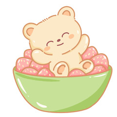 Hand drawn doodle illustration kawaii cute bear with strawberries Perfect for celebrations and children's parties.