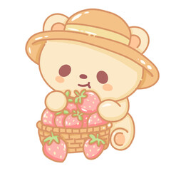 Hand drawn doodle illustration kawaii cute bear with strawberries Perfect for celebrations and children's parties.