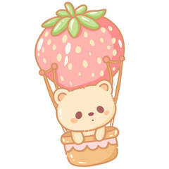 Hand drawn doodle illustration kawaii cute bear with strawberries hot air balloon Perfect for celebrations and children's parties.