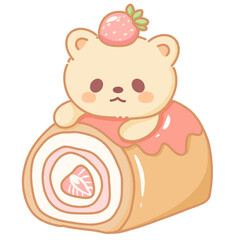 Hand drawn doodle illustration kawaii cute bear with strawberries cake roll Perfect for celebrations and children's parties.