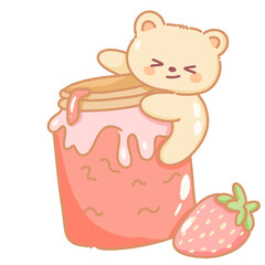 Hand drawn doodle illustration kawaii cute bear with strawberries jam jelly Perfect for celebrations and children's parties.