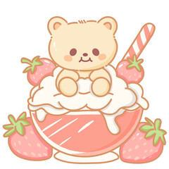 Hand drawn doodle illustration kawaii cute bear with strawberries sundae ice cream Perfect for celebrations and children's parties.