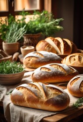 artisan handcrafted bread loaves displayed beautifully patterned linen fabric rustic setting, loaf, texture, crust, homemade, organic, oven, decor, table, scene