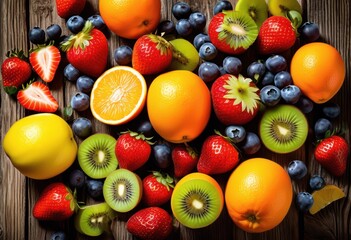 vibrant fruit arrangement displayed rustic wooden backdrop showcasing colorful array fresh fruits, apple, banana, orange, grape, kiwi, strawberry