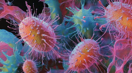 The intricate world of a bacteria colony is brought to life in this detailed microscopic image. The colony consists of a dense cluster of bacterial cells, each exhibiting distinct shapes and