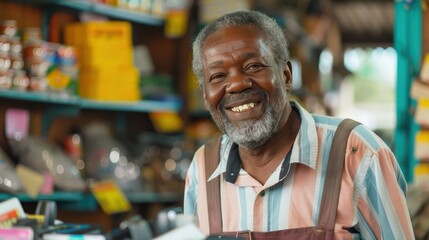 Fototapeta premium A cheerful shopkeeper engages with customers in a vibrant market filled with various goods