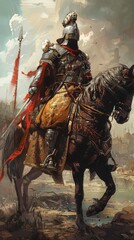Fototapeta premium Artistic image: knight in dark armor on black horse, red accents, sword, battlefield setting with ruins and skyline, bones, sword in ground. Medieval warfare theme.