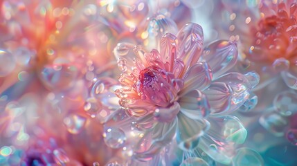 Macro shot of a bouquet of flowers, composed of rainbow crystals and pearl textures, surrounded by soft pastel light. Delicate aura. Digital artwork. Holographic effect.