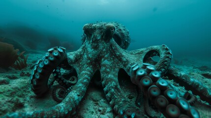 A large squid is under the sea.