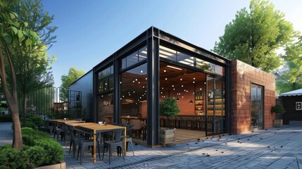 Obraz premium Modern Cafe with Outdoor Seating and Brick Wall