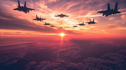 Obraz premium Silhouette of military aircraft on sunset background.