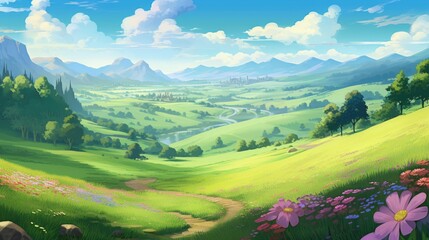 Obraz premium Lush anime countryside in spring with rolling hills and colorful flowers