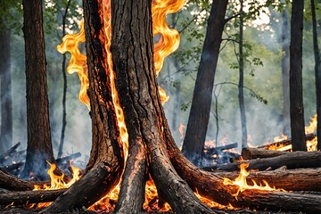 Fototapeta premium A tree trunk burning fiercely, with flames consuming the bark and wood