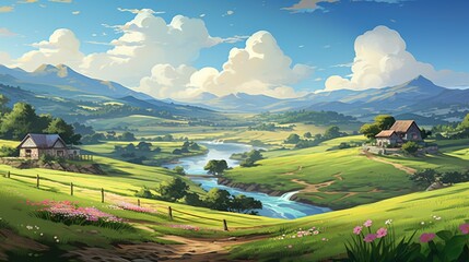 Fototapeta premium Lush anime countryside in spring with rolling hills and colorful flowers