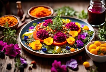 vibrant culinary creation showcasing colorful array ingredients artful plating techniques, presentation, colors, hues, bright, visual, arrangement