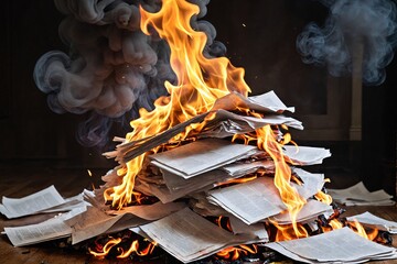 A pile of discarded papers on fire, with flames consuming the pages and producing thick smoke