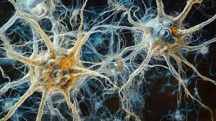 This detailed microscopic image reveals the intricate structure of a neuron network, showcasing the complex web of neural connections. The scene includes branching dendrites and axons, with clear