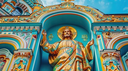 Detailed and vivid image of a religious icon in daylight, with contrasting, vibrant colors highlighting intricate details and spiritual meaning.