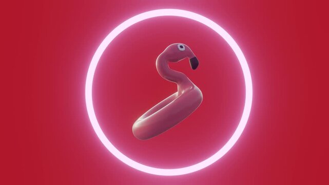 3d animation of a retro-inspired pink flamingo floatie is floating inside of circular neon light.