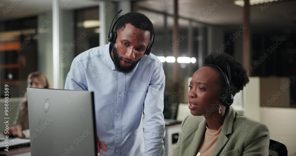 Poster computer, advice or people in call center for learning in telemarketing or customer services online.
