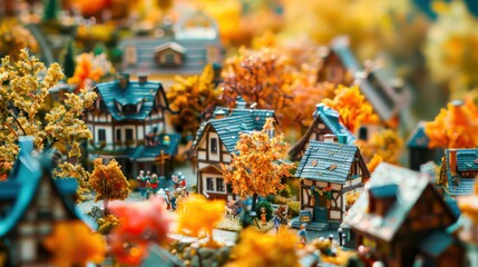 Fototapeta premium Detailed miniature model of a cozy autumn village, featuring tiny houses, colorful trees, and little people engaged in autumn activities.