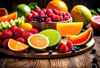 vibrant display colorful fruit wedges arranged artfully rustic wooden surface showcasing variety textures bright hues, apple, berry, citrus, grapefruit, kiwi