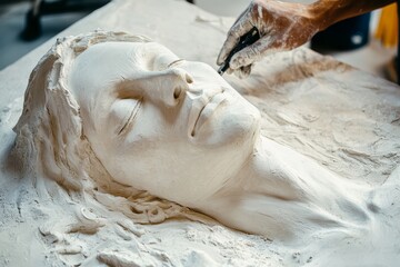 Sculptor Carving a Plaster Face