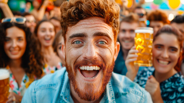 Smiling bearded man raising beer mugs with friends in an Oktoberfest outdoor bar, having fun in a lively and festive atmosphere.