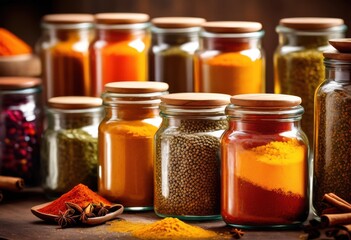 stylish glass jars filled vibrant spices displaying colorful array natural ingredients culinary enthusiasts, kitchen, collection, aroma, seasoning, herb