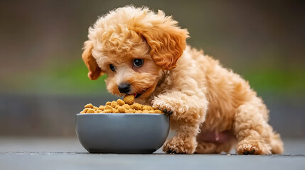 Cute Maltipoo puppy enjoying dry kibble food from a gray bowl in a cozy home setting. Healthy pets meal.