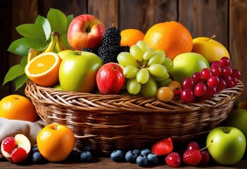 vibrant display fresh assorted fruits colorful arrangement showcasing bounty deliciousness, apple, banana, orange, grape, berry, pineapple, kiwi