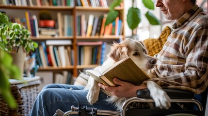 Naklejka premium A disabled person in a wheelchair reading a book to their dog in a cozy reading corner, emphasizing comfort, companionship, and warmth.