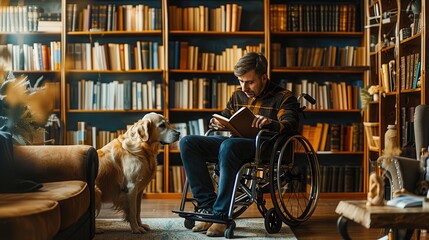 A disabled person in a wheelchair reading a book to their dog in a cozy reading corner, emphasizing comfort, companionship, and warmth.