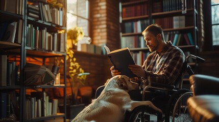 A disabled person in a wheelchair reading a book to their dog in a cozy reading corner, emphasizing comfort, companionship, and warmth.