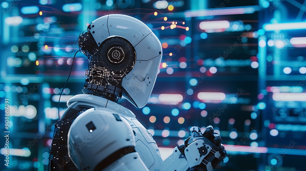Poster android stands in front of a digital background, showcasing advanced technology and the intersection